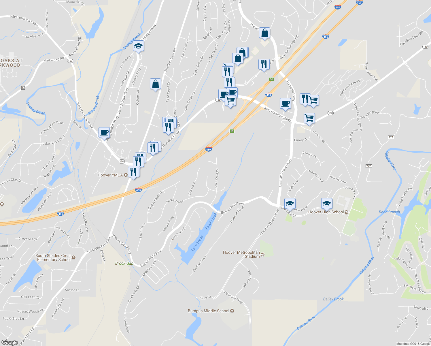 map of restaurants, bars, coffee shops, grocery stores, and more near 5481 Scout Creek Drive in Hoover