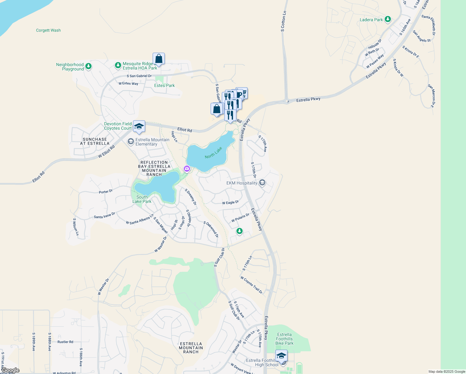 map of restaurants, bars, coffee shops, grocery stores, and more near 17662 Summit Drive in Goodyear