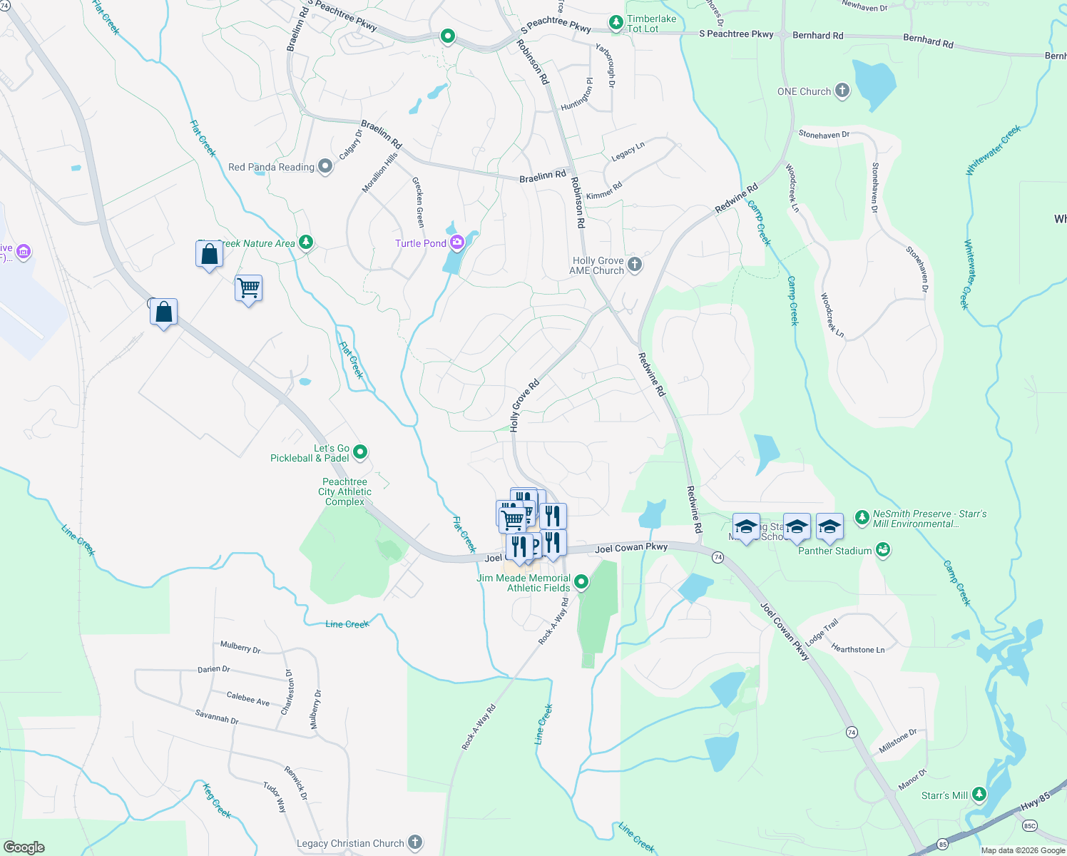 map of restaurants, bars, coffee shops, grocery stores, and more near 345 Summer Pl in Peachtree City