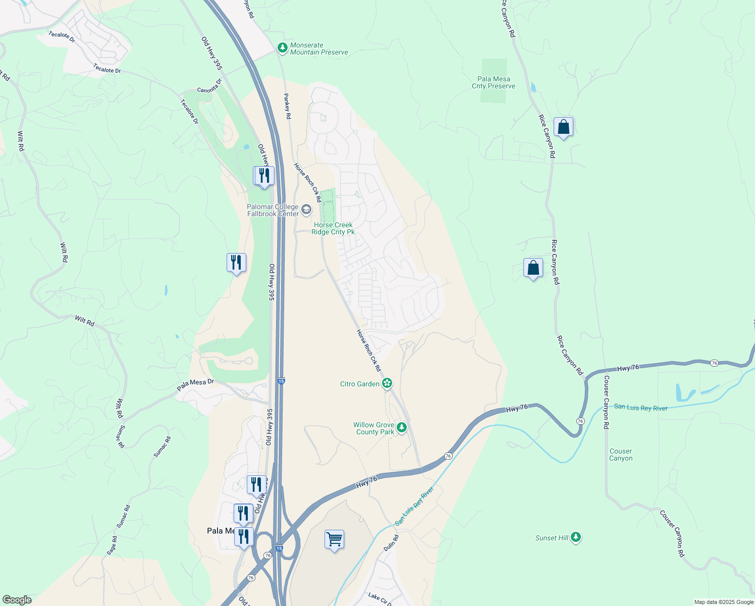 map of restaurants, bars, coffee shops, grocery stores, and more near 35173 Grove Trail in Fallbrook