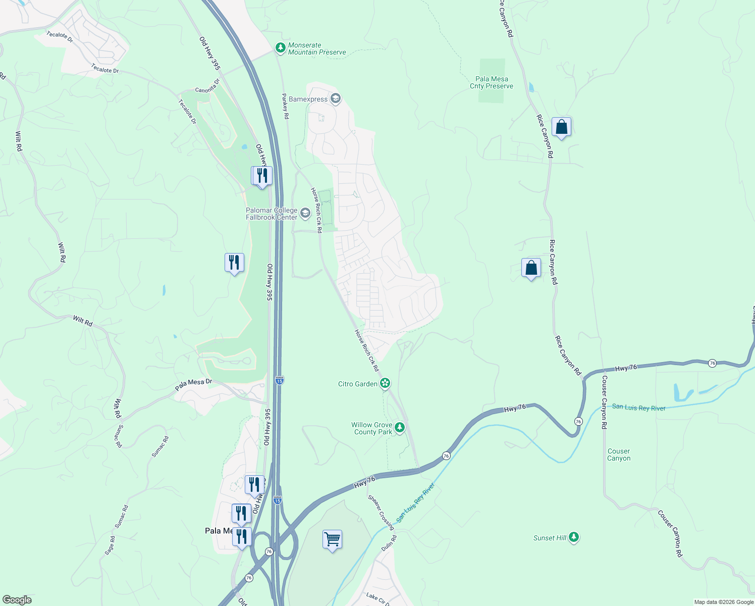 map of restaurants, bars, coffee shops, grocery stores, and more near 5328 Highway 76 in Fallbrook