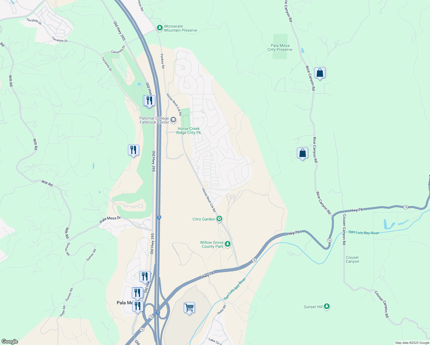 map of restaurants, bars, coffee shops, grocery stores, and more near 35148 Grove Trail in Fallbrook