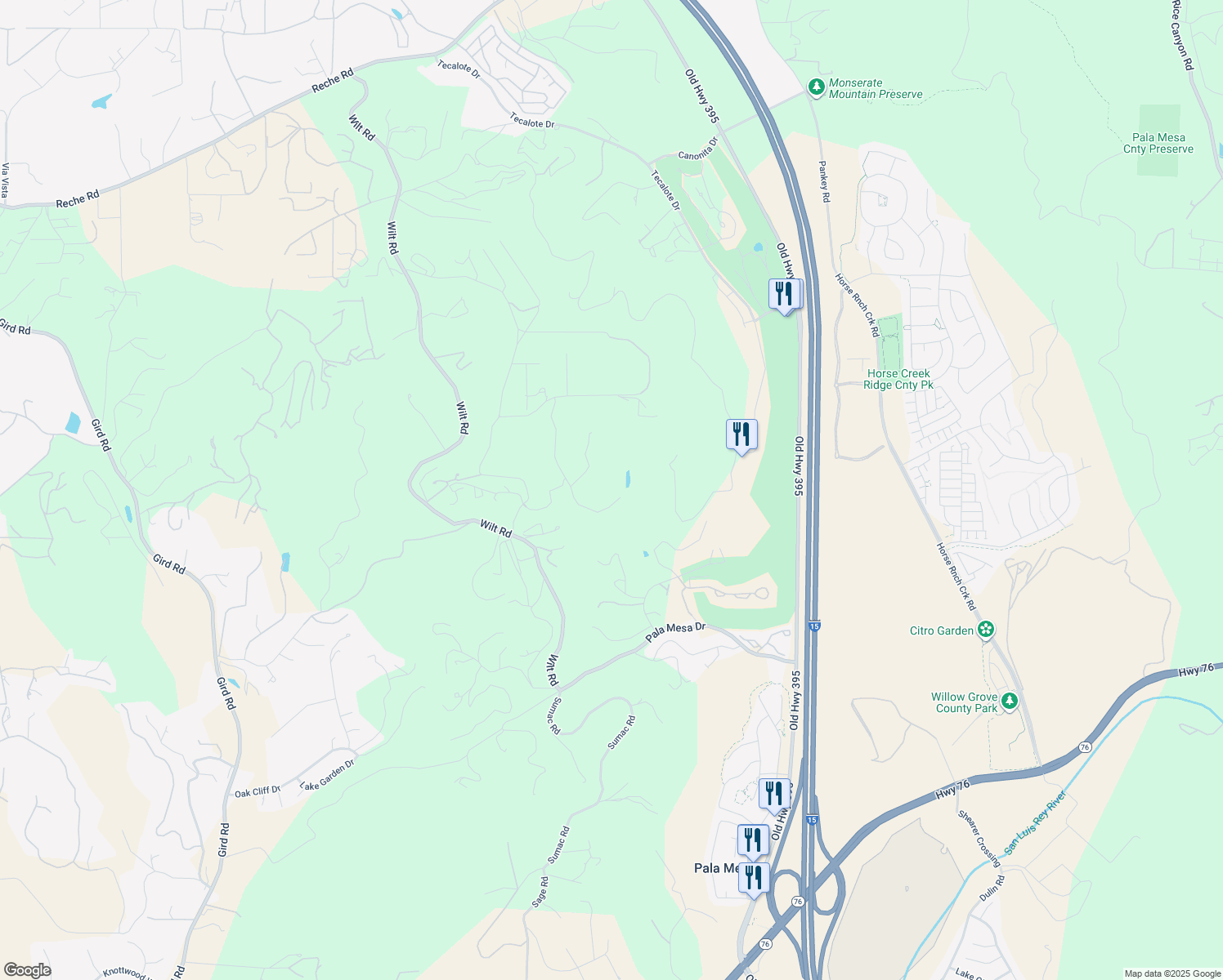 map of restaurants, bars, coffee shops, grocery stores, and more near 3976 Lorita Lane in Fallbrook