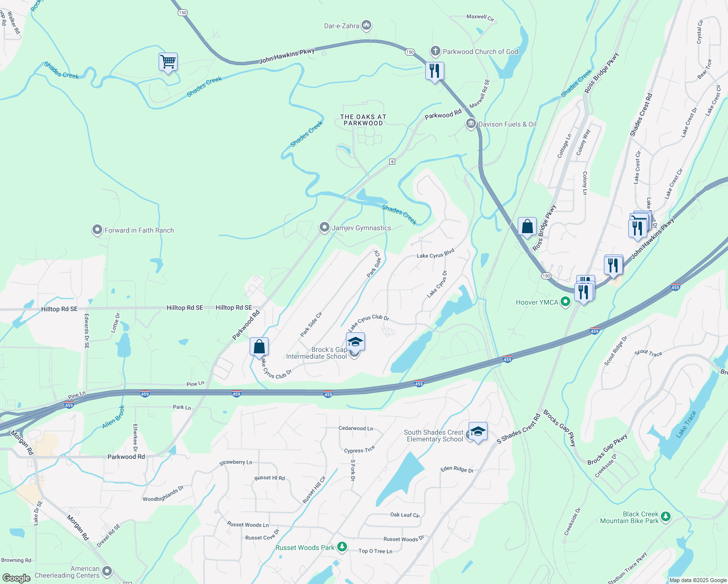 map of restaurants, bars, coffee shops, grocery stores, and more near 5444 Park Side Circle in Birmingham
