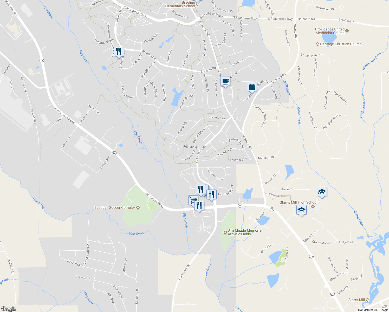 map of restaurants, bars, coffee shops, grocery stores, and more near 607 Ambrose Lane in Peachtree City