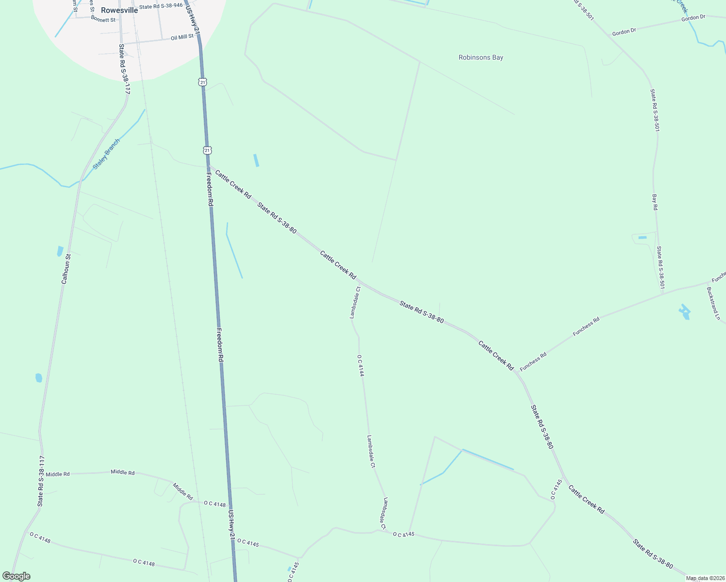 map of restaurants, bars, coffee shops, grocery stores, and more near 408 Cattle Creek Road in Rowesville