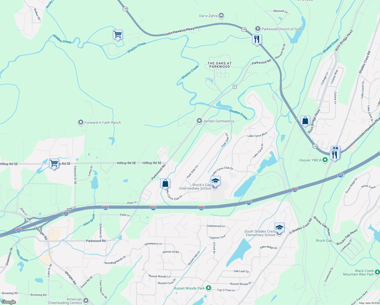 map of restaurants, bars, coffee shops, grocery stores, and more near 3590 Parkwood Road in Bessemer