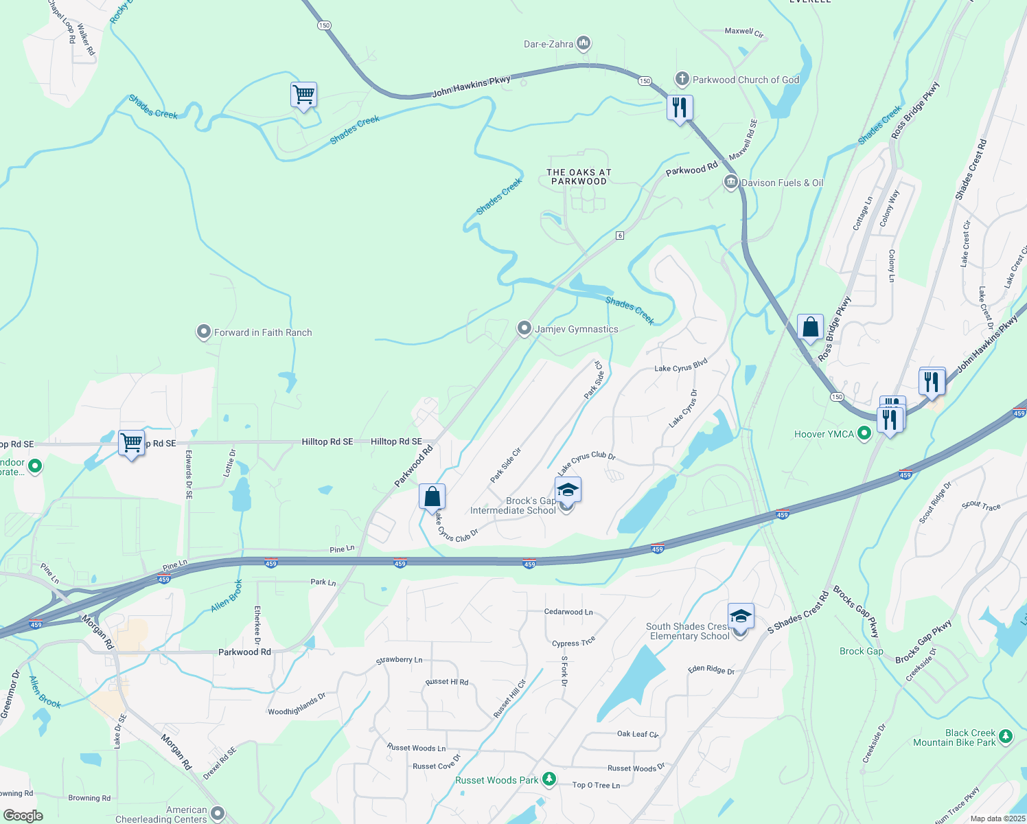 map of restaurants, bars, coffee shops, grocery stores, and more near 5544 Park Side Road in Birmingham