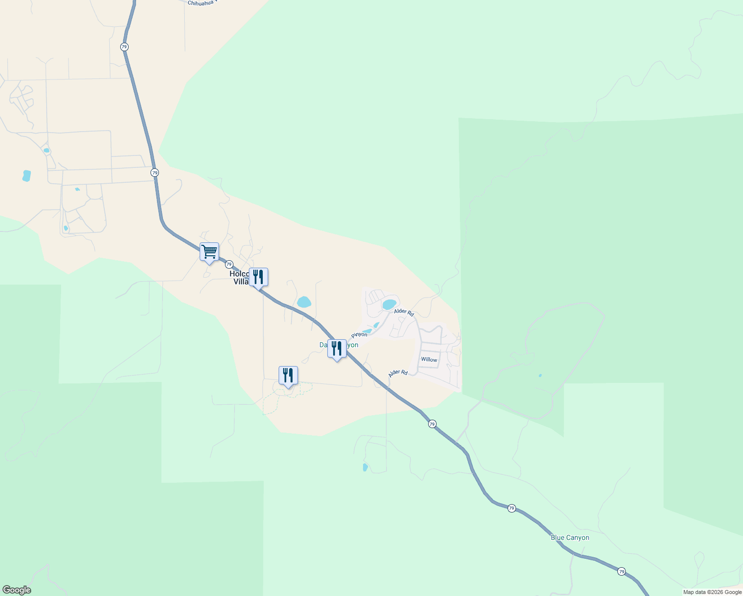 map of restaurants, bars, coffee shops, grocery stores, and more near 35109 California 79 in Warner Springs