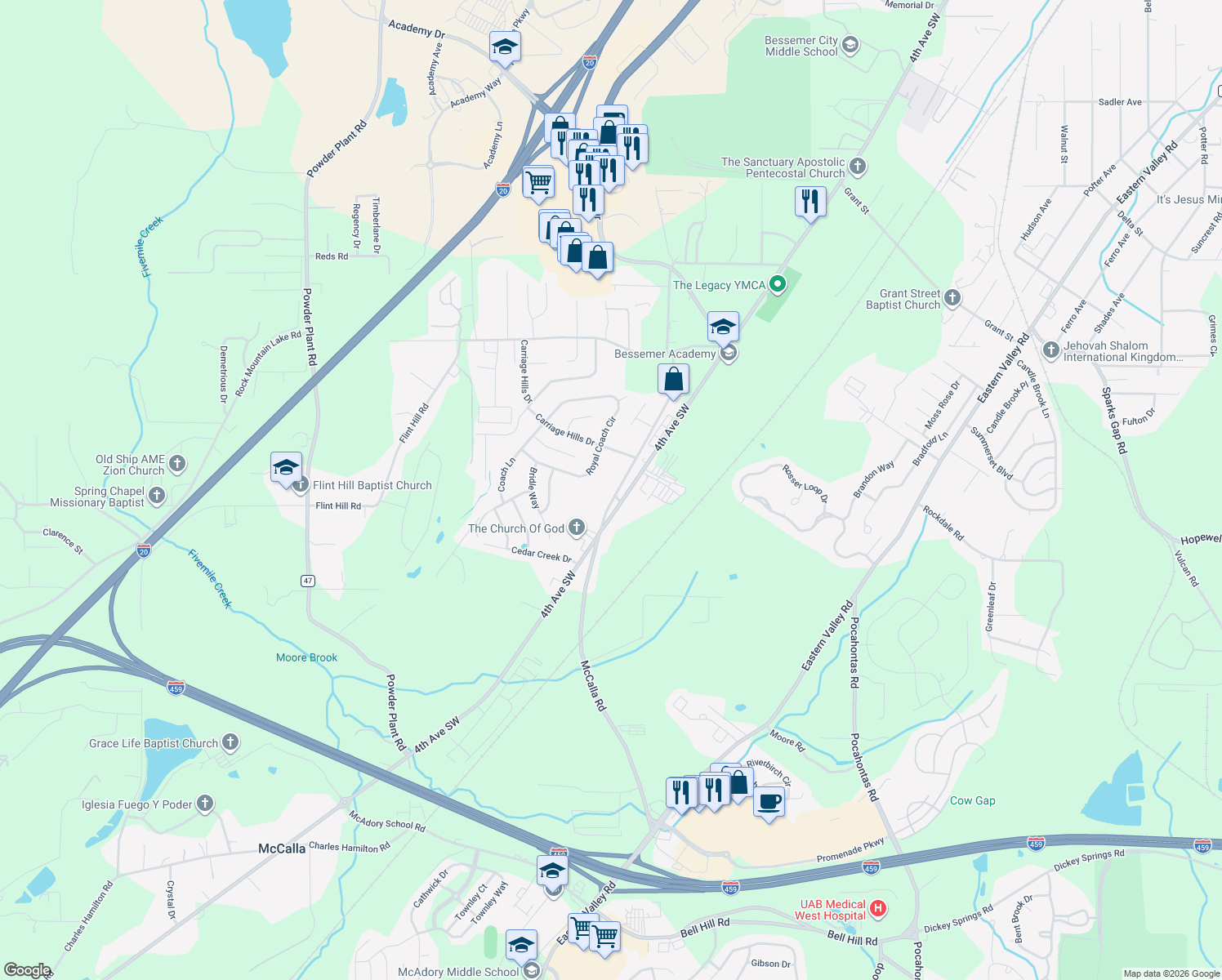 map of restaurants, bars, coffee shops, grocery stores, and more near 264 McCalla Rd in Bessemer
