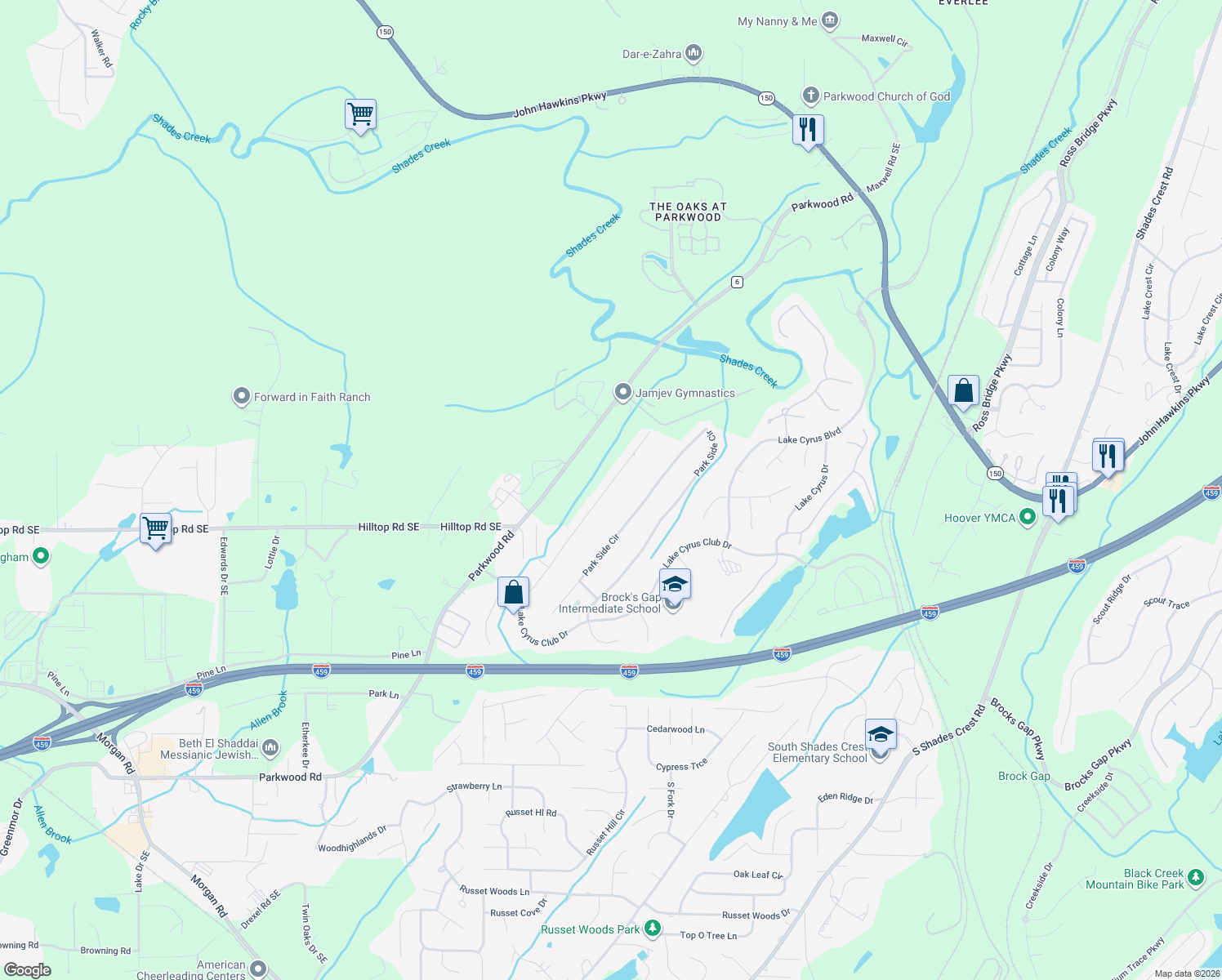 map of restaurants, bars, coffee shops, grocery stores, and more near 5238 Park Side Circle in Birmingham
