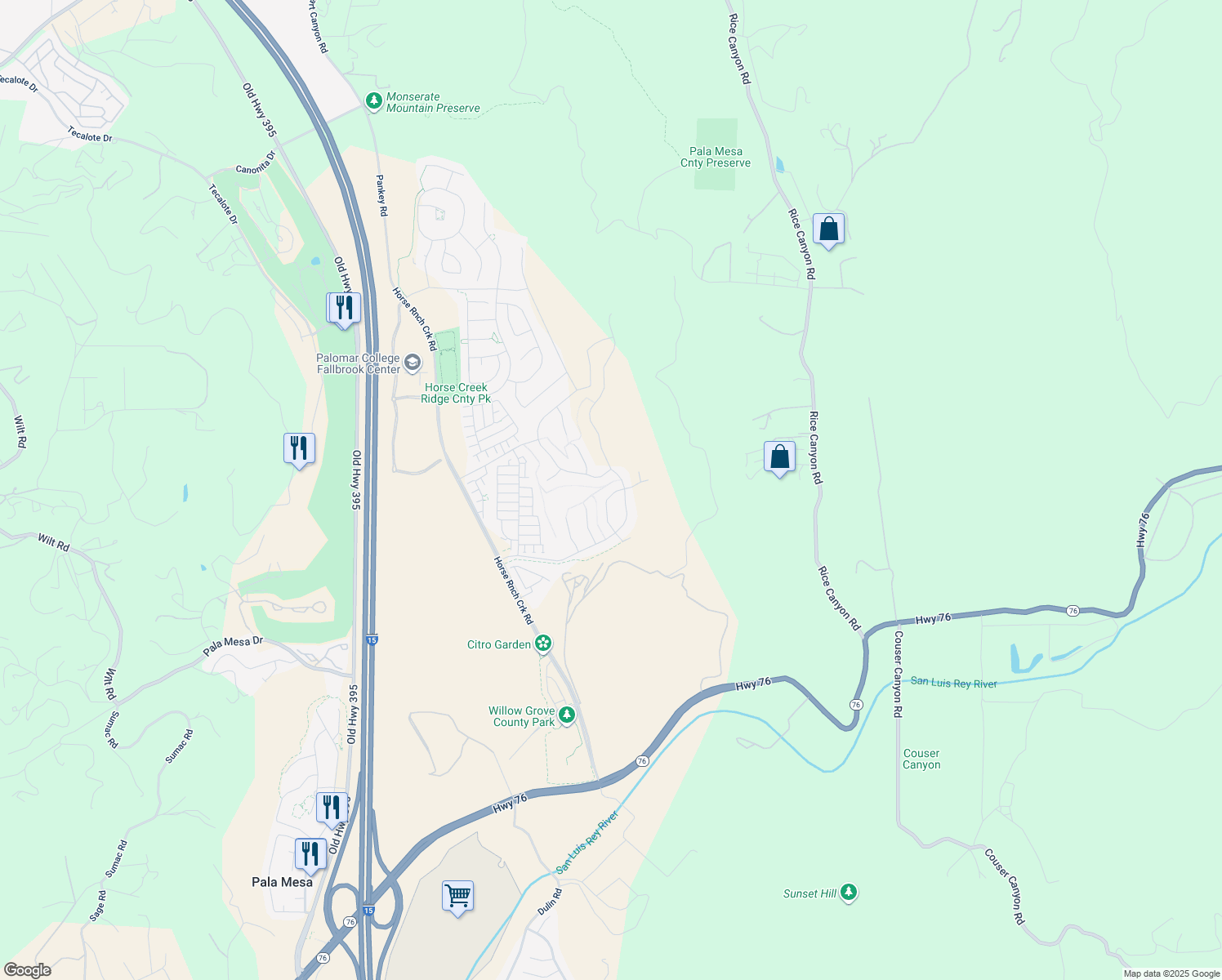 map of restaurants, bars, coffee shops, grocery stores, and more near 35164 Bergamot Cove in Fallbrook