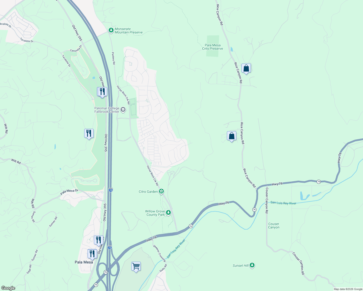 map of restaurants, bars, coffee shops, grocery stores, and more near 35164 Bergamot Cove in Fallbrook