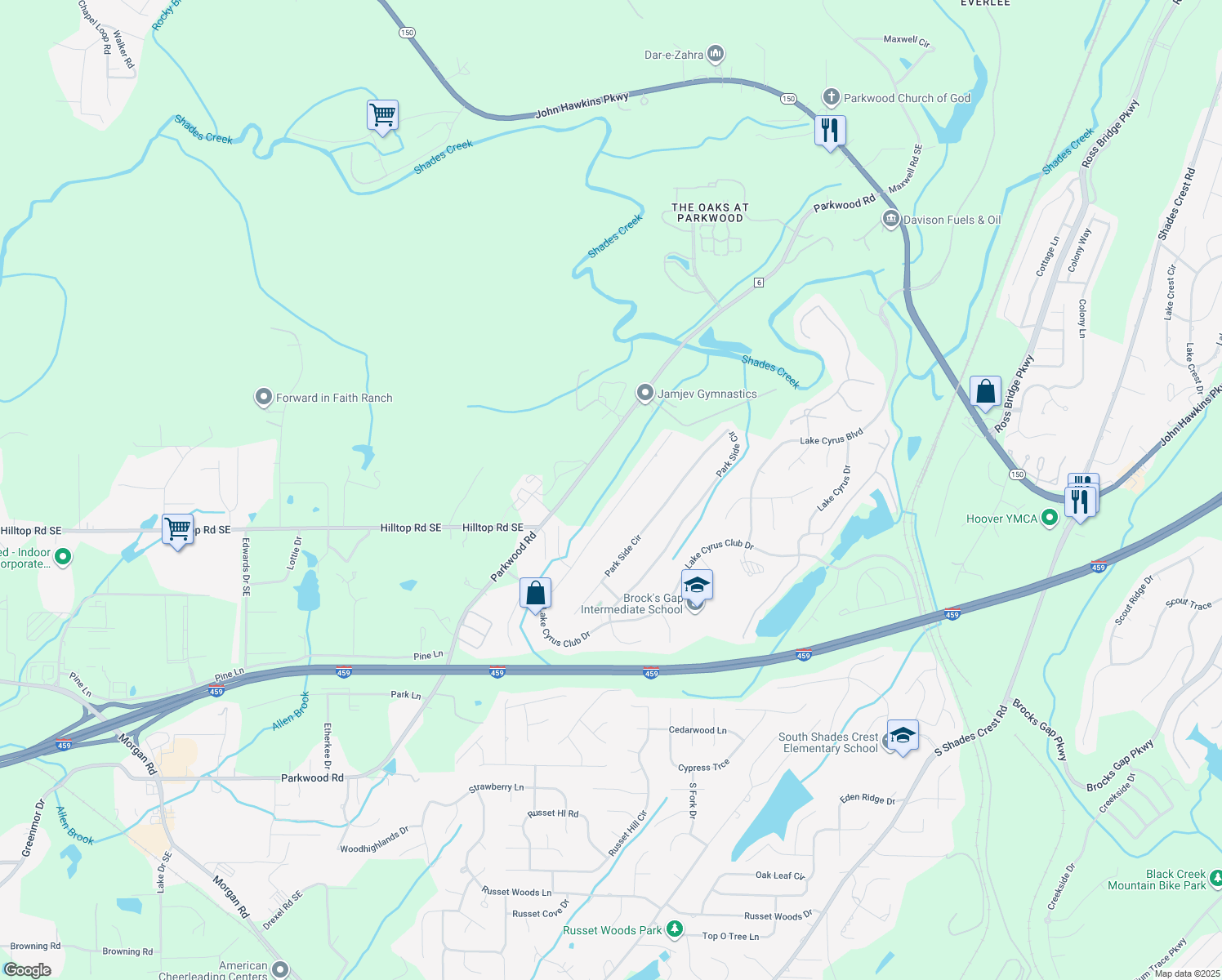 map of restaurants, bars, coffee shops, grocery stores, and more near 5569 Park Side Road in Hoover