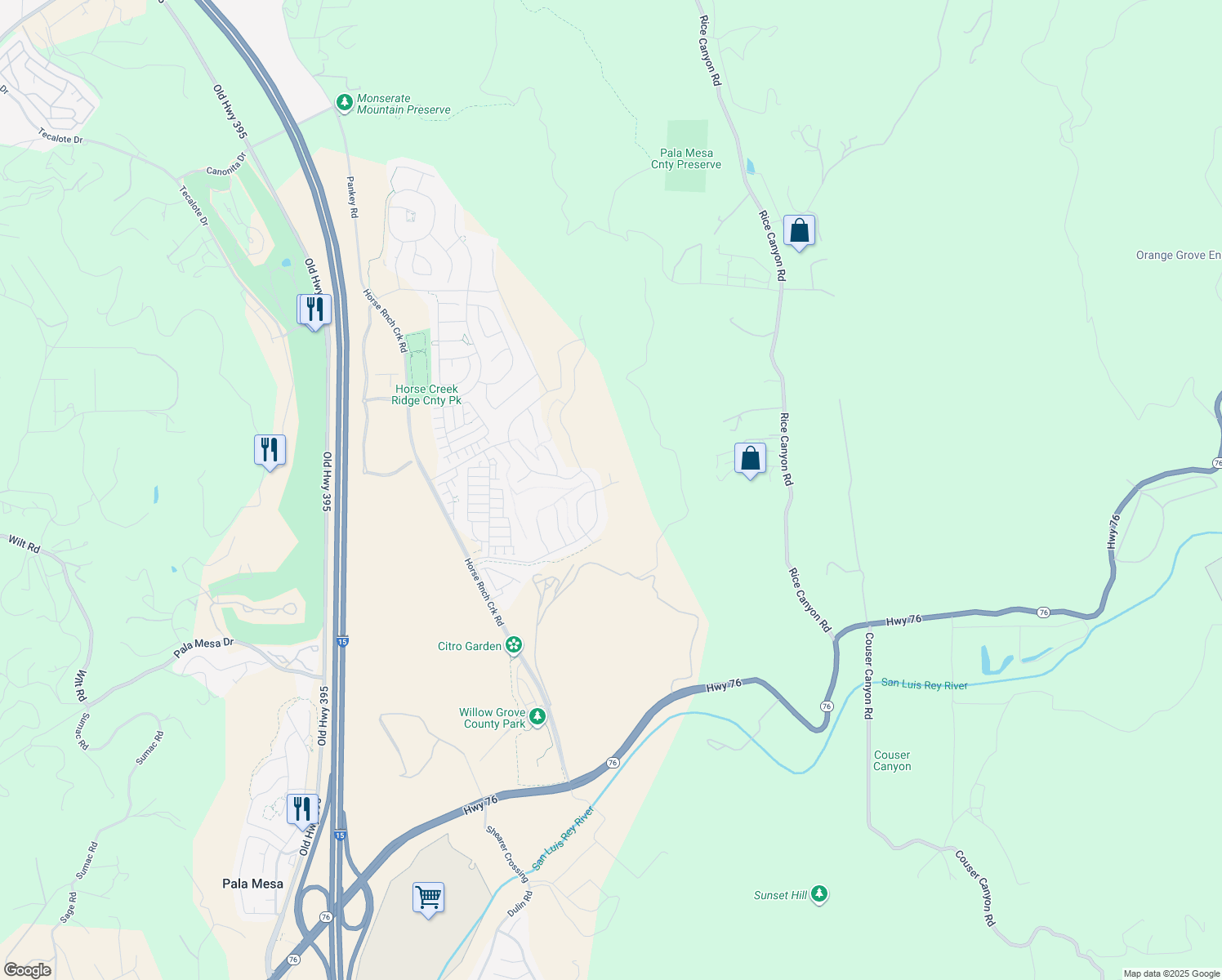 map of restaurants, bars, coffee shops, grocery stores, and more near 35223 Bergamot Cove in Fallbrook