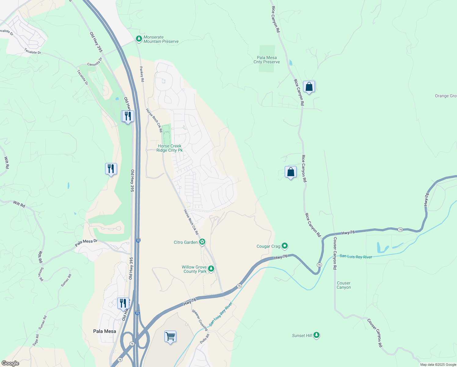 map of restaurants, bars, coffee shops, grocery stores, and more near 35168 Bergamot Cove in Fallbrook