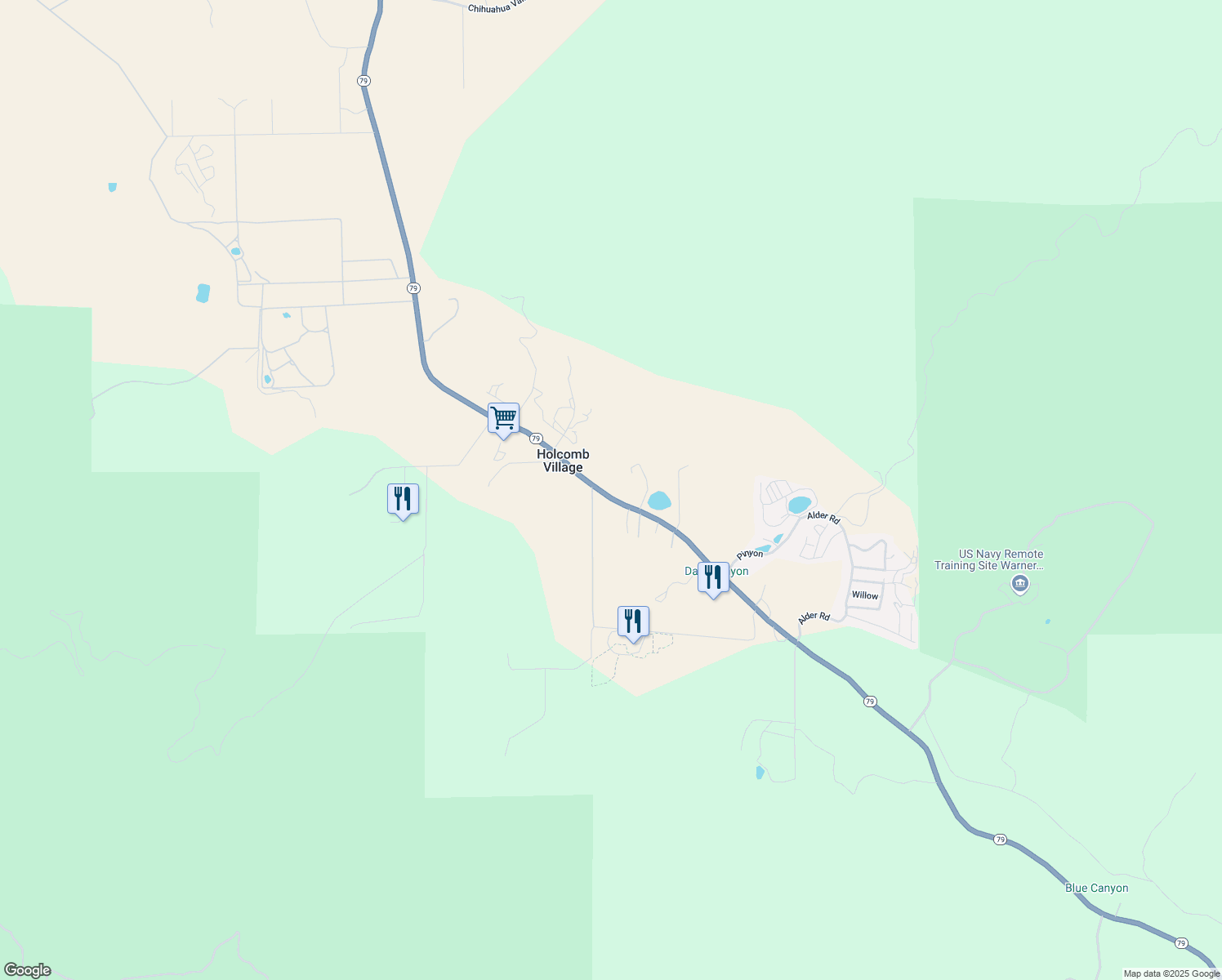map of restaurants, bars, coffee shops, grocery stores, and more near 35065 California 79 in Warner Springs