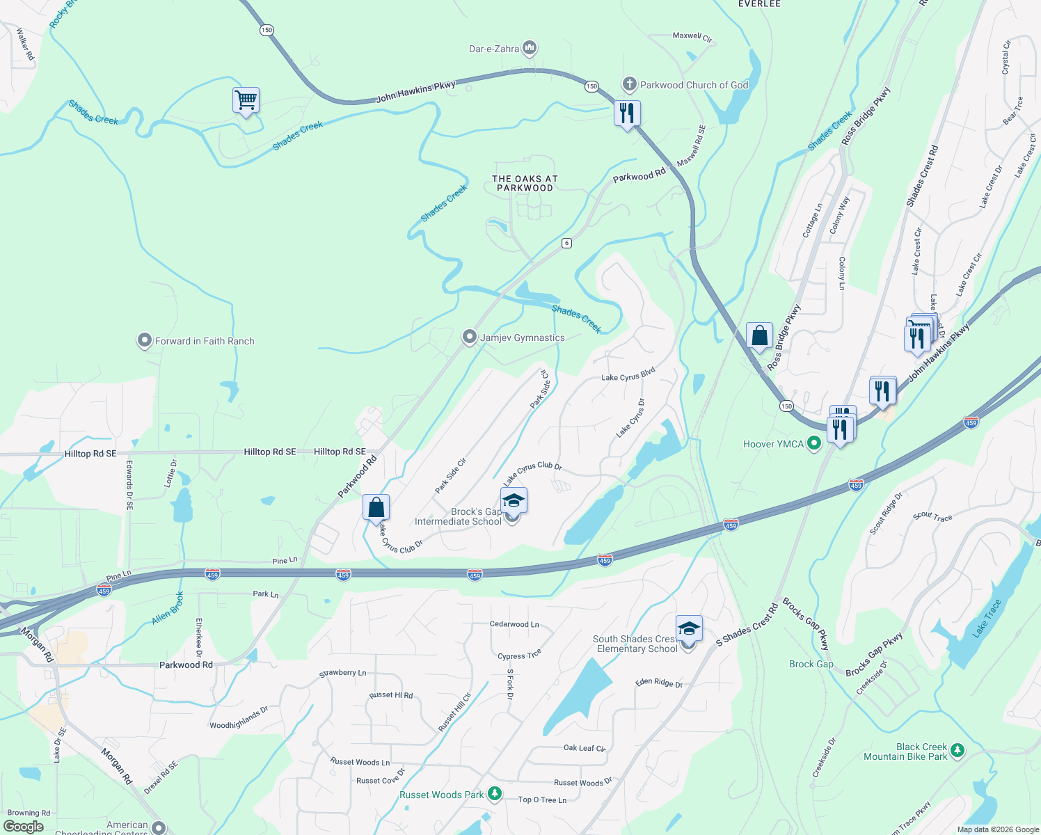 map of restaurants, bars, coffee shops, grocery stores, and more near 5437 Park Side Circle in Birmingham