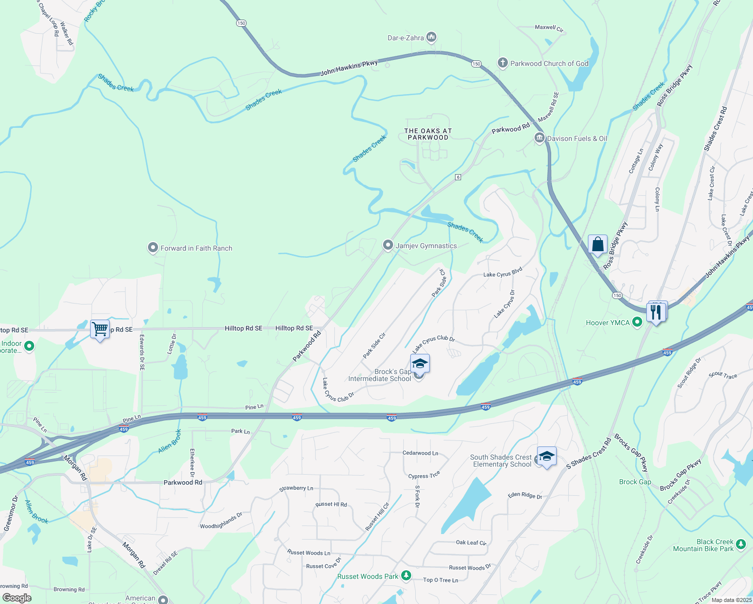 map of restaurants, bars, coffee shops, grocery stores, and more near 5541 Park Side Road in Birmingham