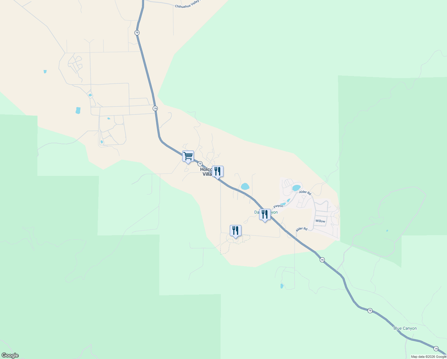 map of restaurants, bars, coffee shops, grocery stores, and more near 35075 California 79 in Warner Springs
