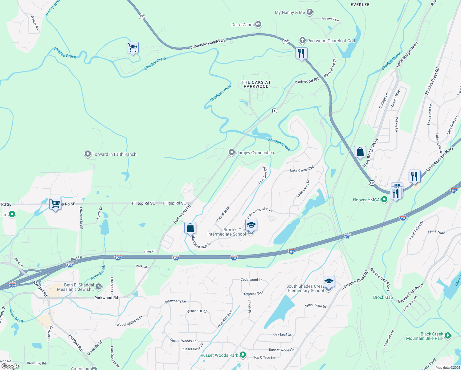 map of restaurants, bars, coffee shops, grocery stores, and more near 5516 Park Side Road in Birmingham