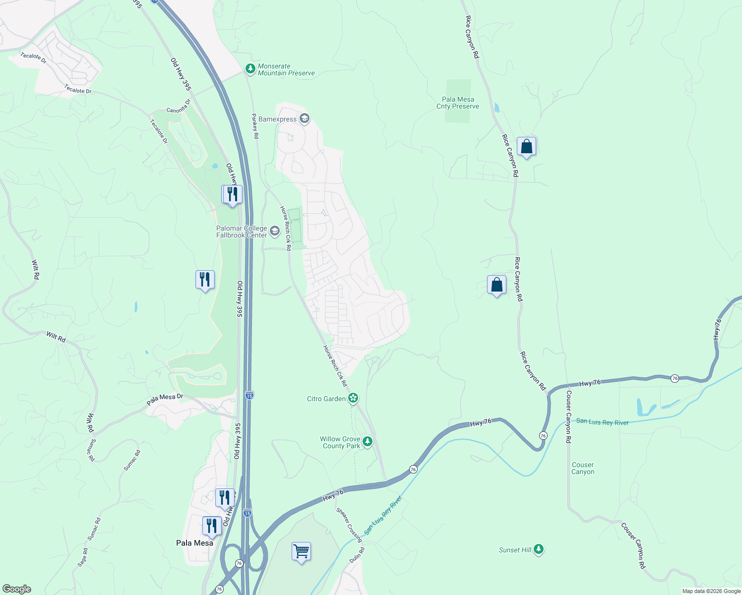 map of restaurants, bars, coffee shops, grocery stores, and more near 5328 Highway 76 in Fallbrook