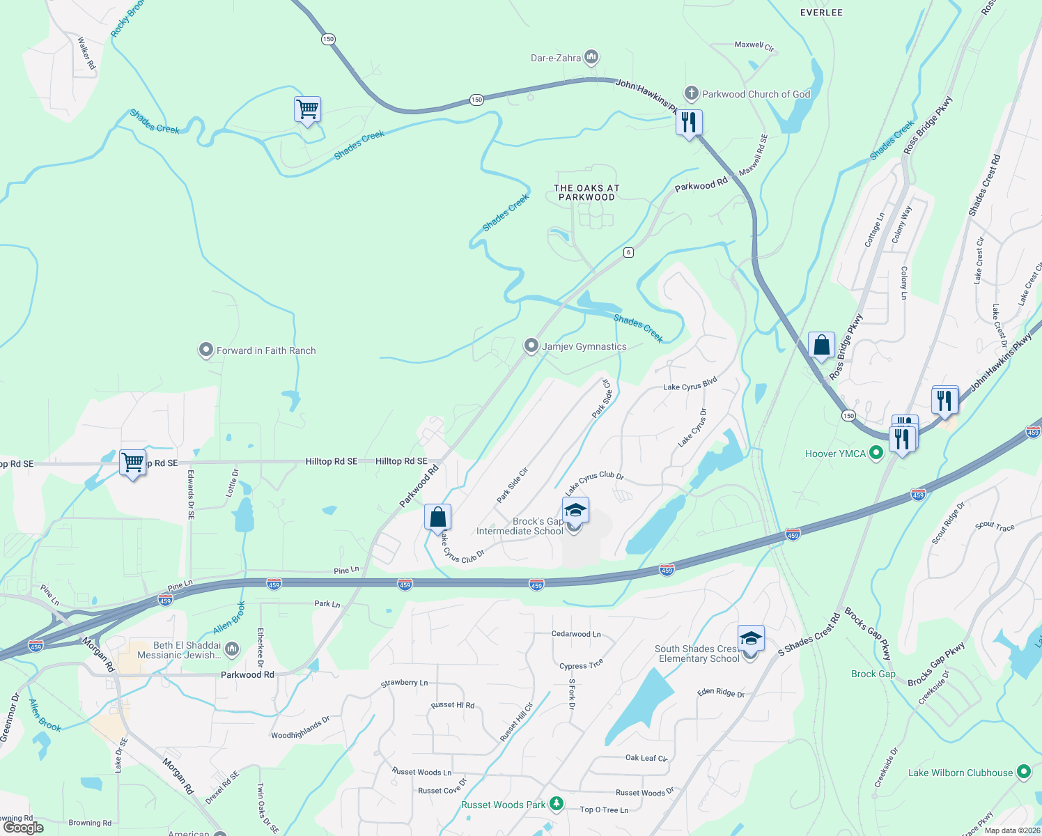 map of restaurants, bars, coffee shops, grocery stores, and more near 5238 Park Side Circle in Birmingham