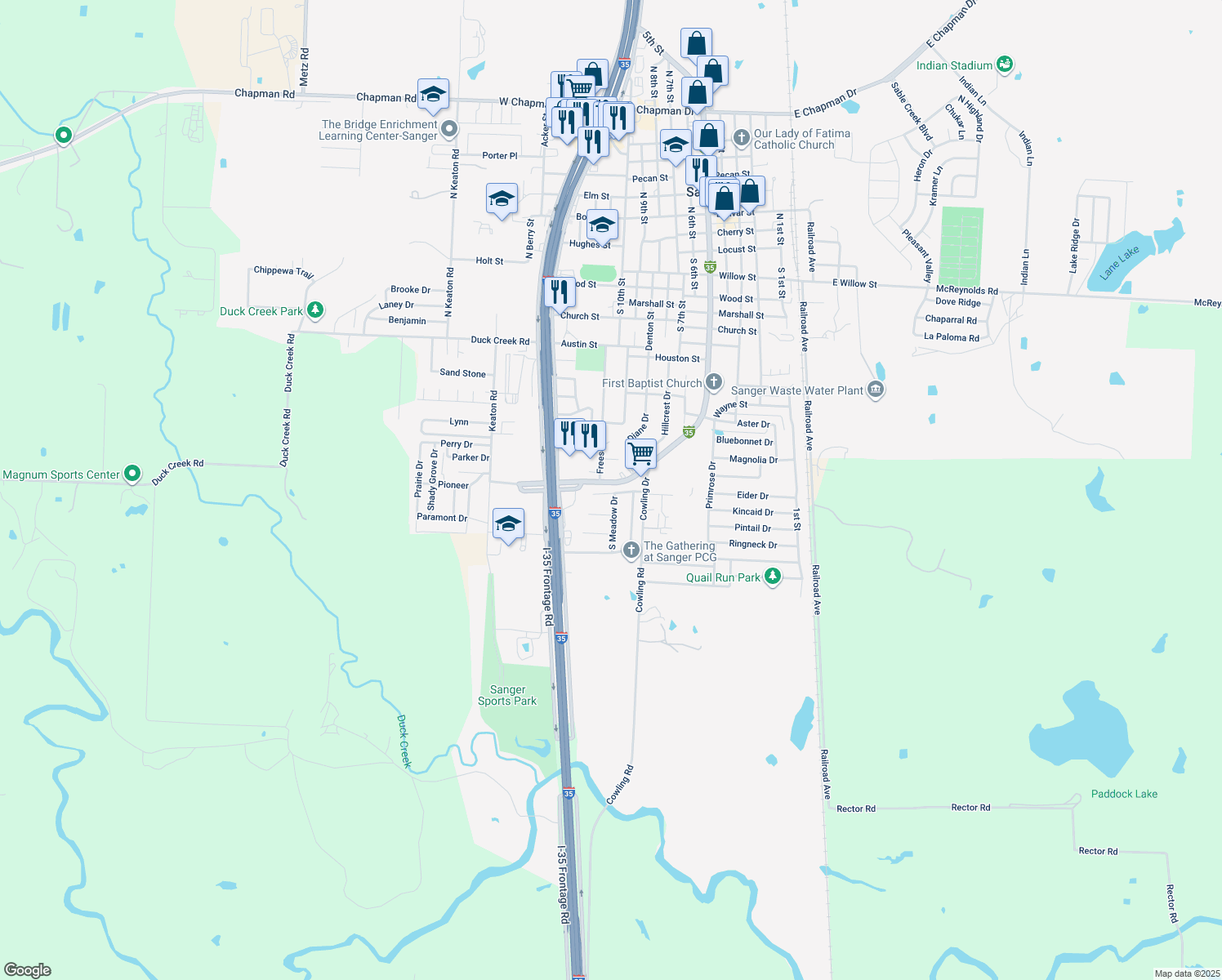 map of restaurants, bars, coffee shops, grocery stores, and more near 201 Southland Drive in Sanger