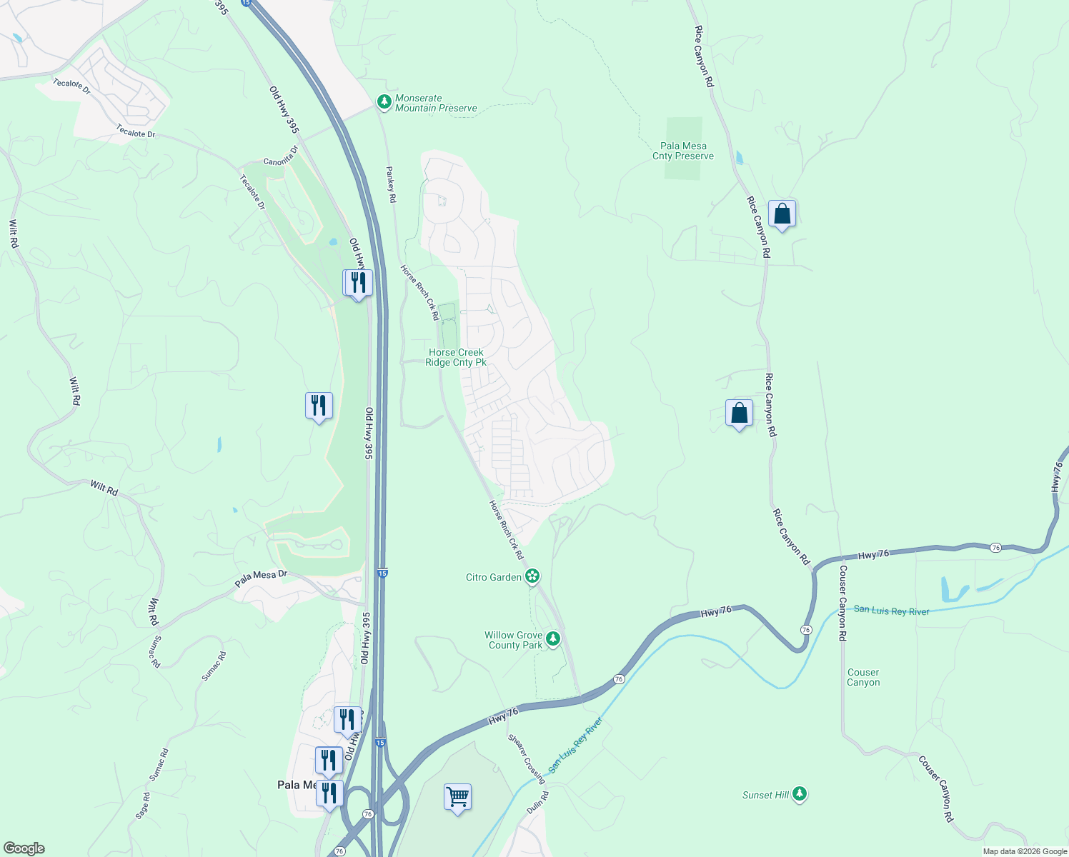 map of restaurants, bars, coffee shops, grocery stores, and more near 316 Canter Court in Fallbrook