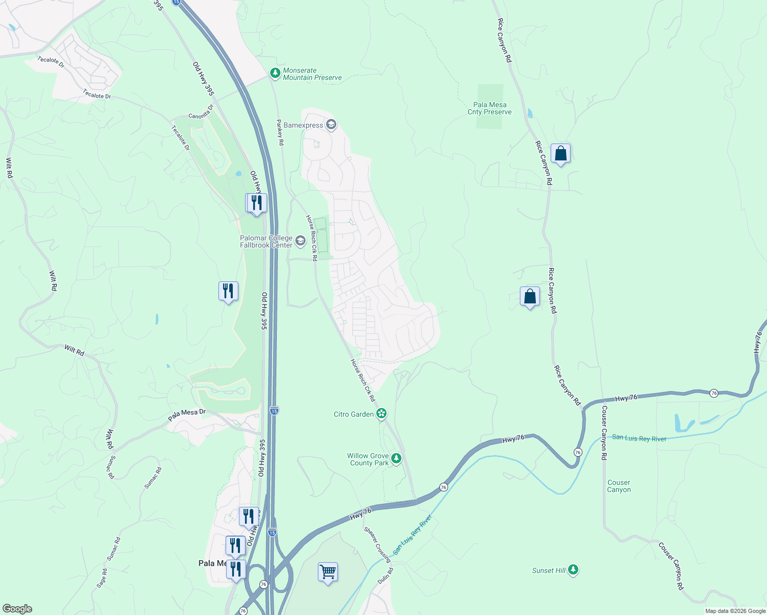 map of restaurants, bars, coffee shops, grocery stores, and more near 337 Dun Blazer Way in Fallbrook