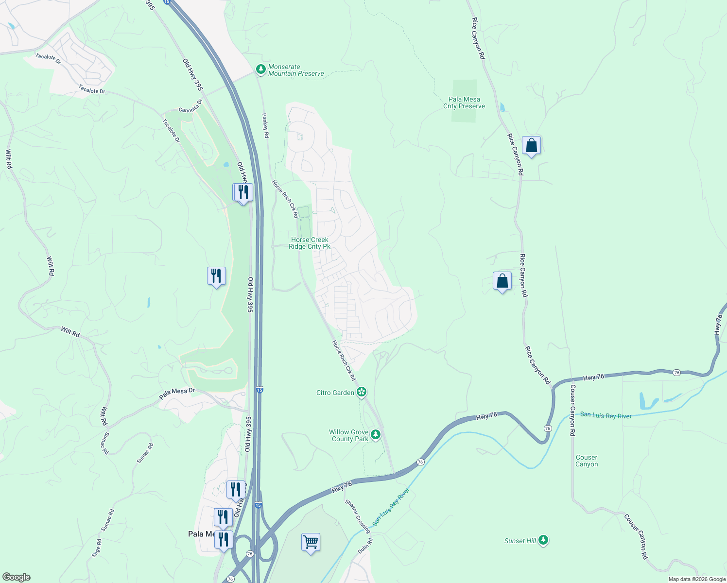 map of restaurants, bars, coffee shops, grocery stores, and more near 316 Canter Court in Fallbrook