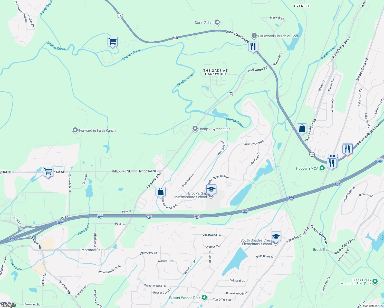 map of restaurants, bars, coffee shops, grocery stores, and more near 5517 Park Side Road in Birmingham