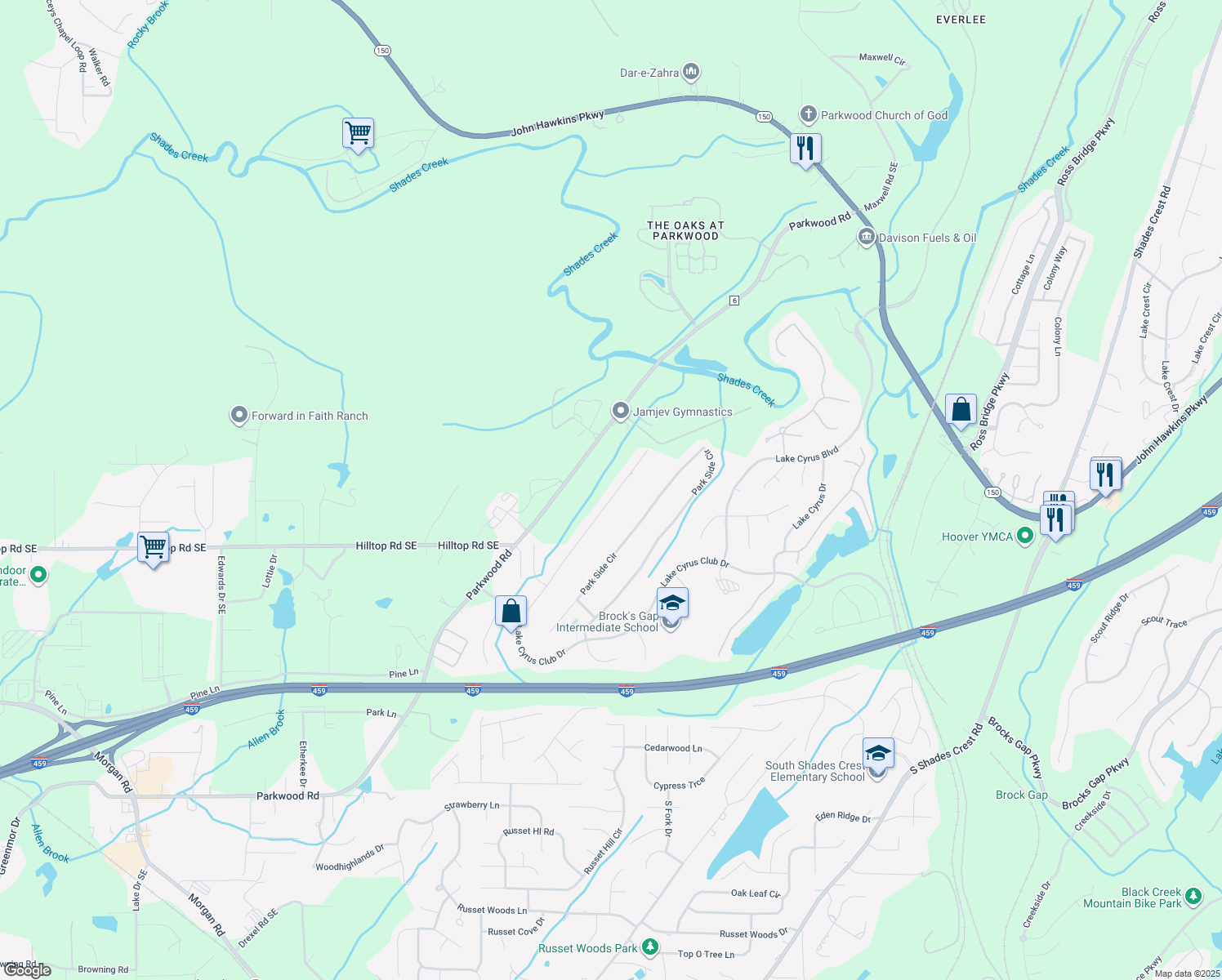 map of restaurants, bars, coffee shops, grocery stores, and more near 5521 Park Side Road in Birmingham