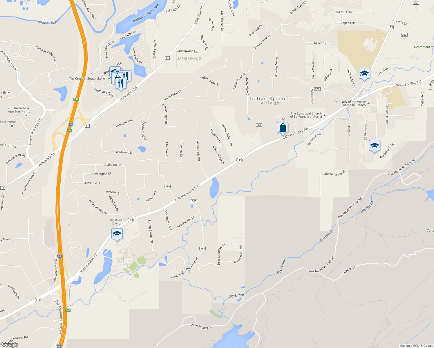 map of restaurants, bars, coffee shops, grocery stores, and more near 2470 Cahaba Valley Rd in Indian Springs Village