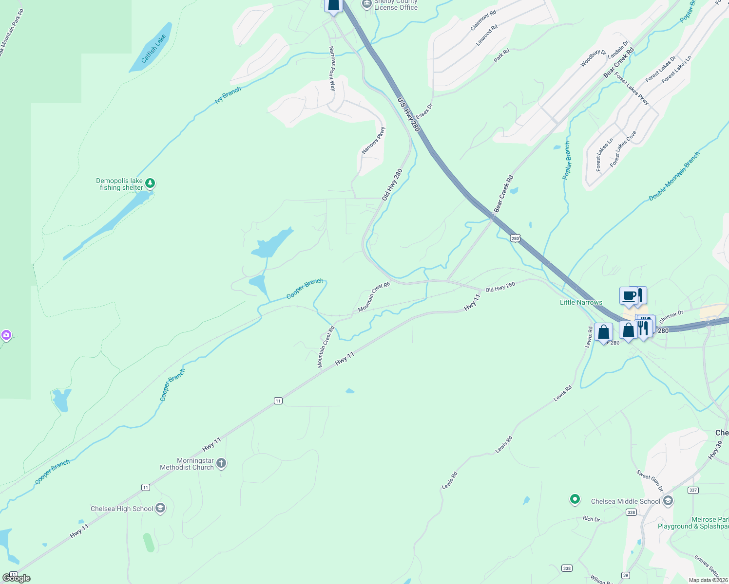 map of restaurants, bars, coffee shops, grocery stores, and more near 130 County Road 377 in Chelsea