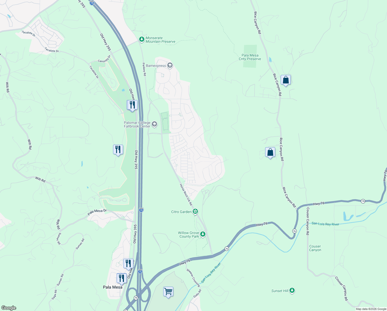 map of restaurants, bars, coffee shops, grocery stores, and more near 5328 Highway 76 in Fallbrook