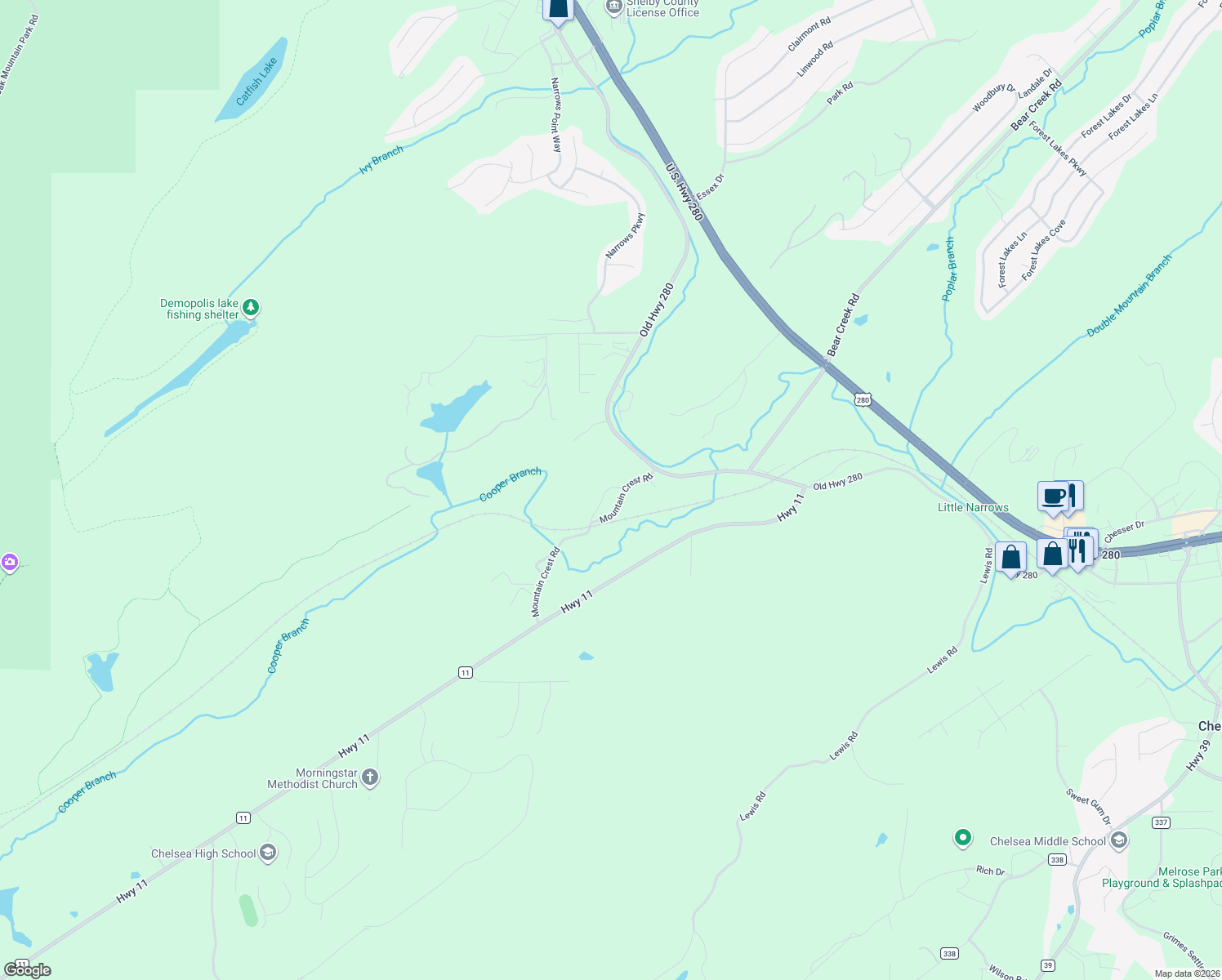 map of restaurants, bars, coffee shops, grocery stores, and more near 130 County Road 377 in Chelsea