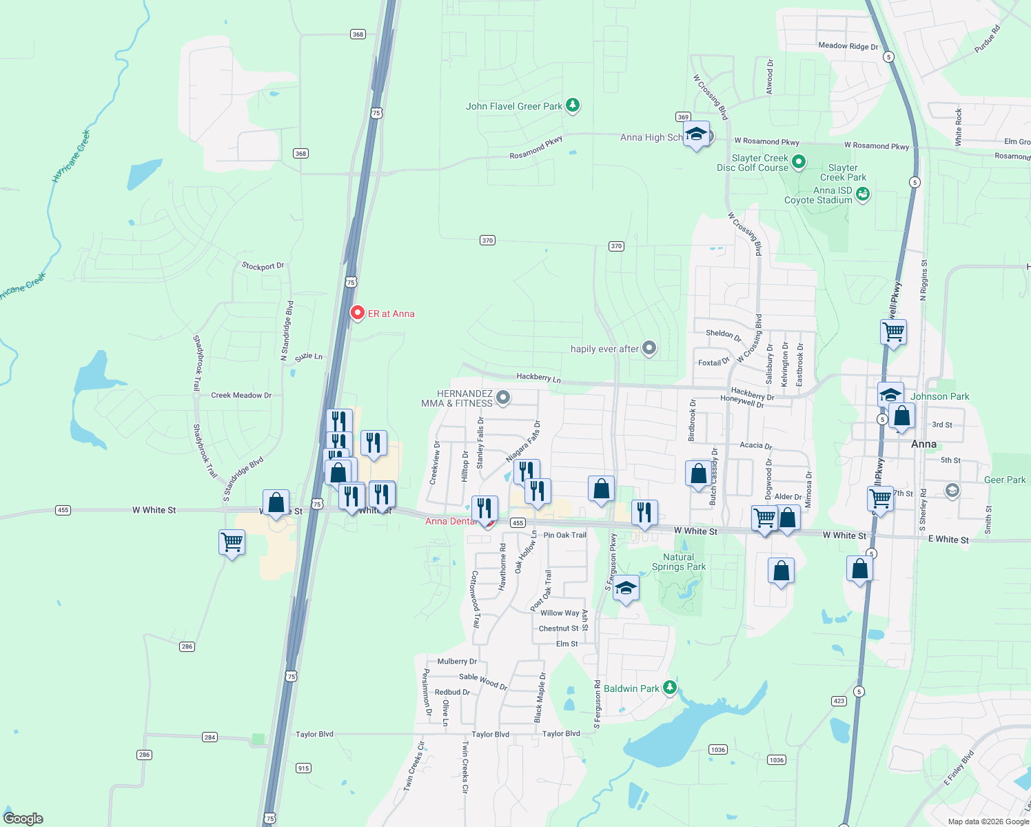 map of restaurants, bars, coffee shops, grocery stores, and more near 2028 Athabasca Falls Drive in Anna