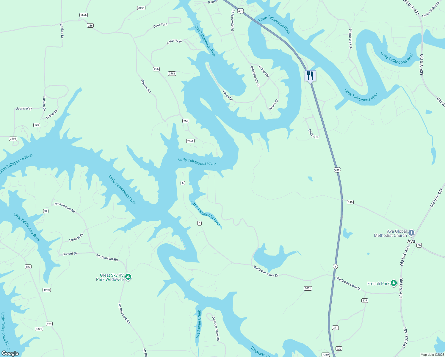 map of restaurants, bars, coffee shops, grocery stores, and more near in Wedowee