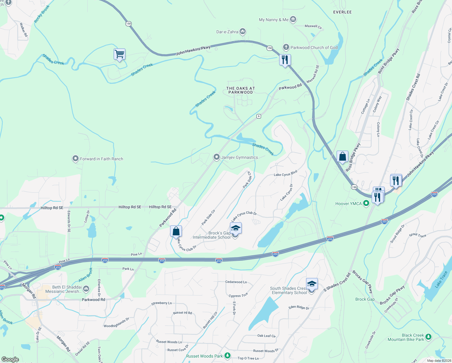 map of restaurants, bars, coffee shops, grocery stores, and more near 3556 Parkwood Road in Bessemer