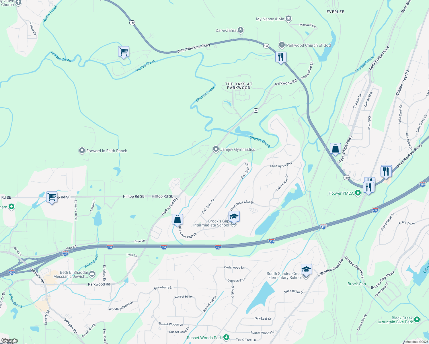 map of restaurants, bars, coffee shops, grocery stores, and more near 5589 Park Side Road in Hoover
