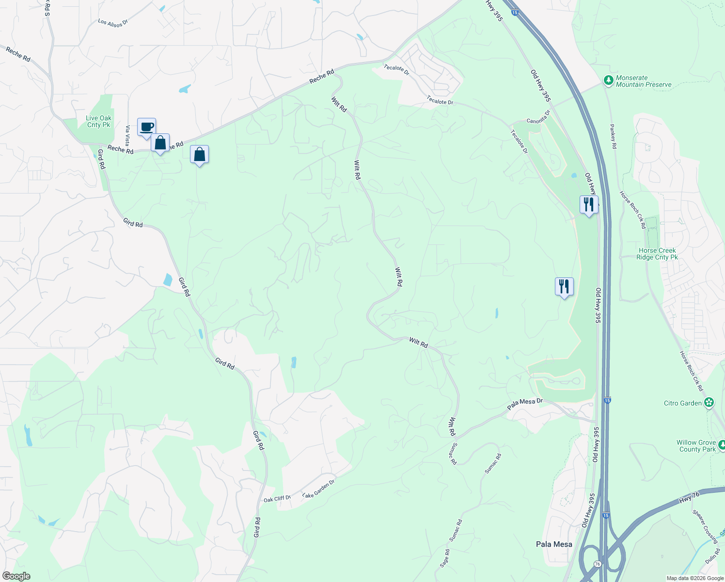 map of restaurants, bars, coffee shops, grocery stores, and more near Lupine Lane in Fallbrook