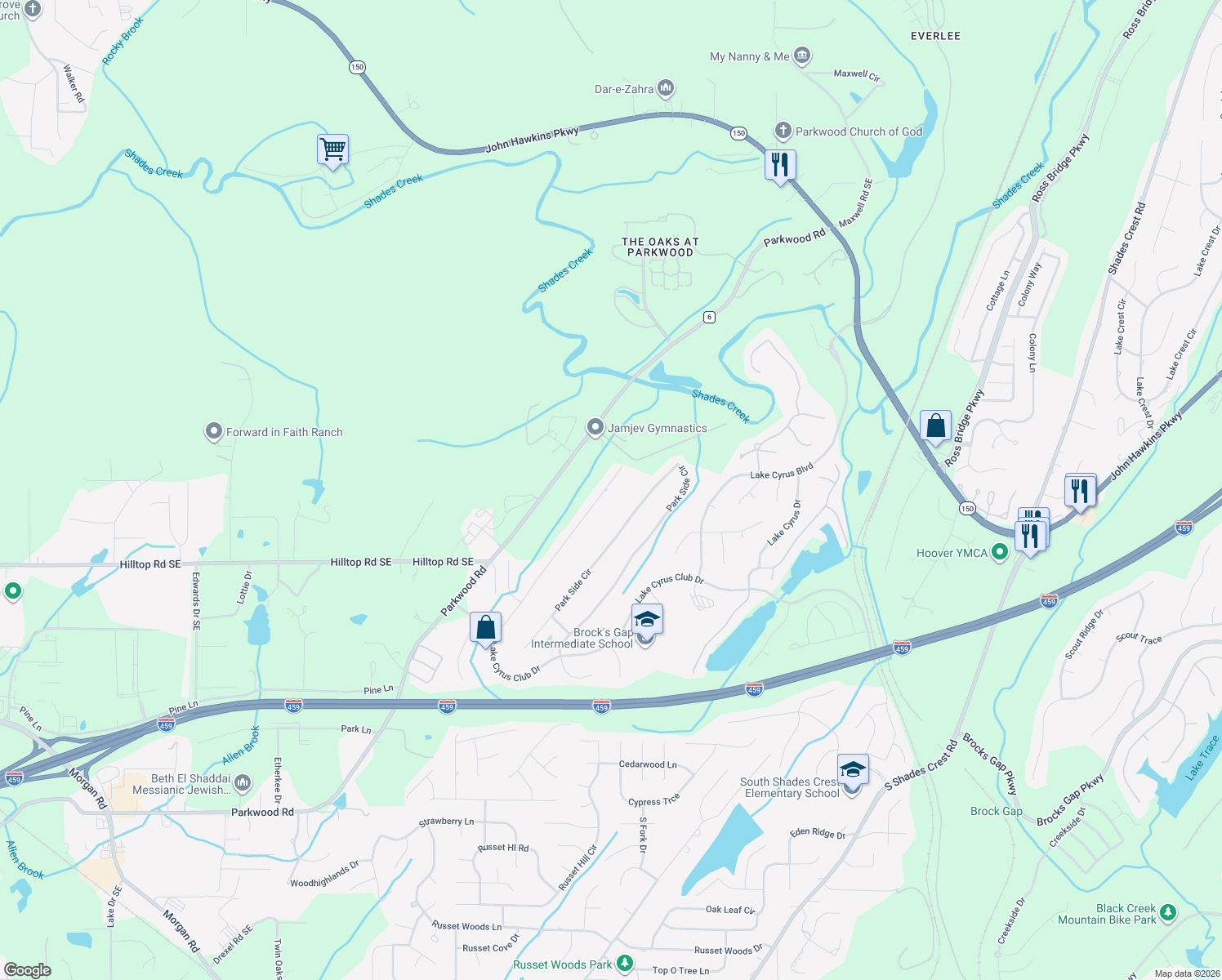map of restaurants, bars, coffee shops, grocery stores, and more near 3556 Parkwood Road in Bessemer