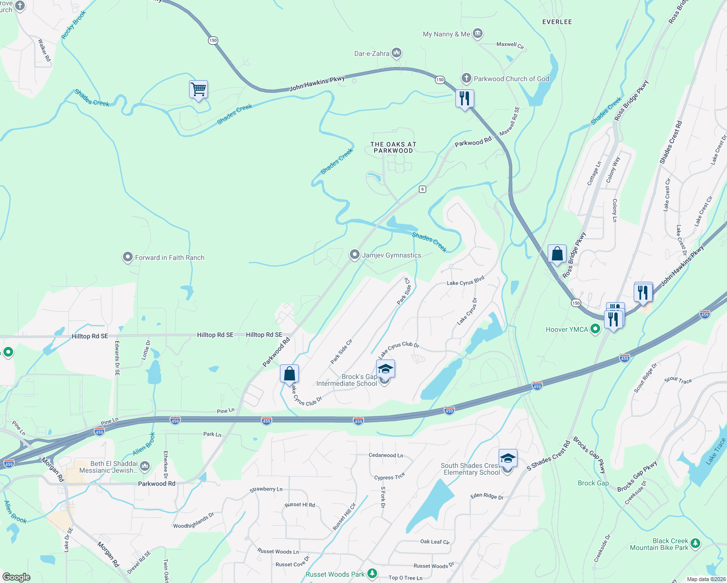 map of restaurants, bars, coffee shops, grocery stores, and more near 3556 Parkwood Road in Bessemer