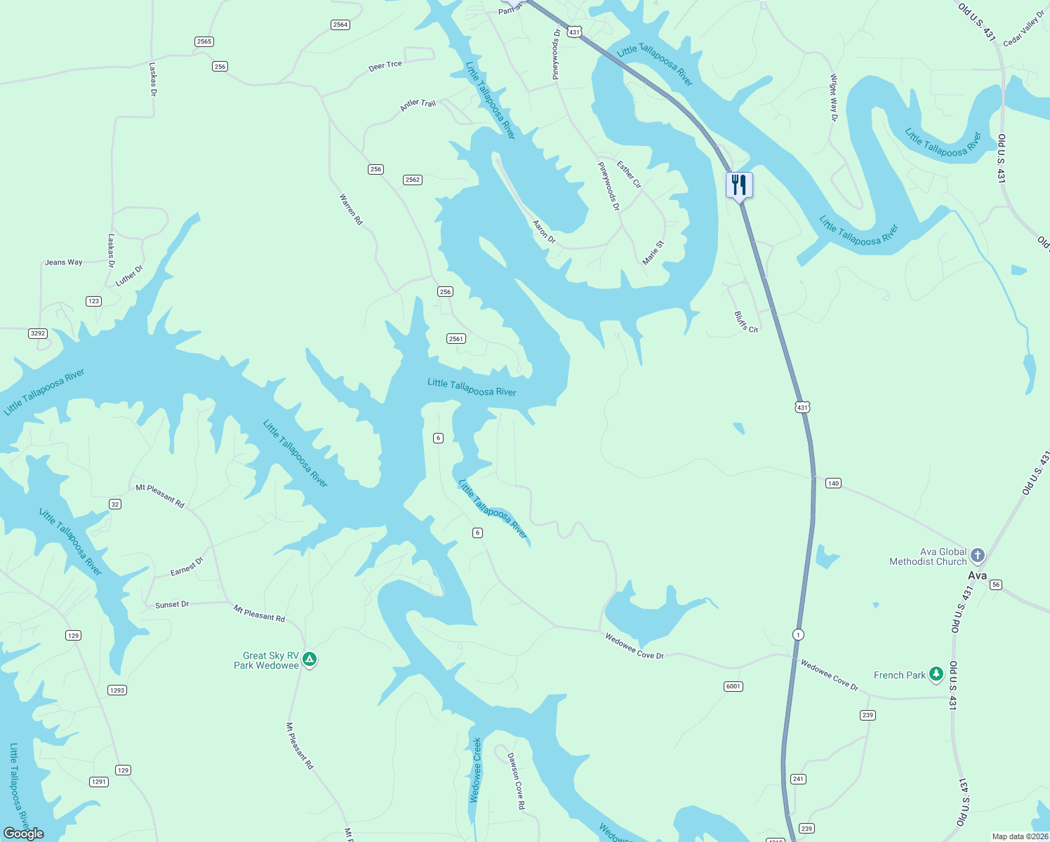 map of restaurants, bars, coffee shops, grocery stores, and more near in Wedowee