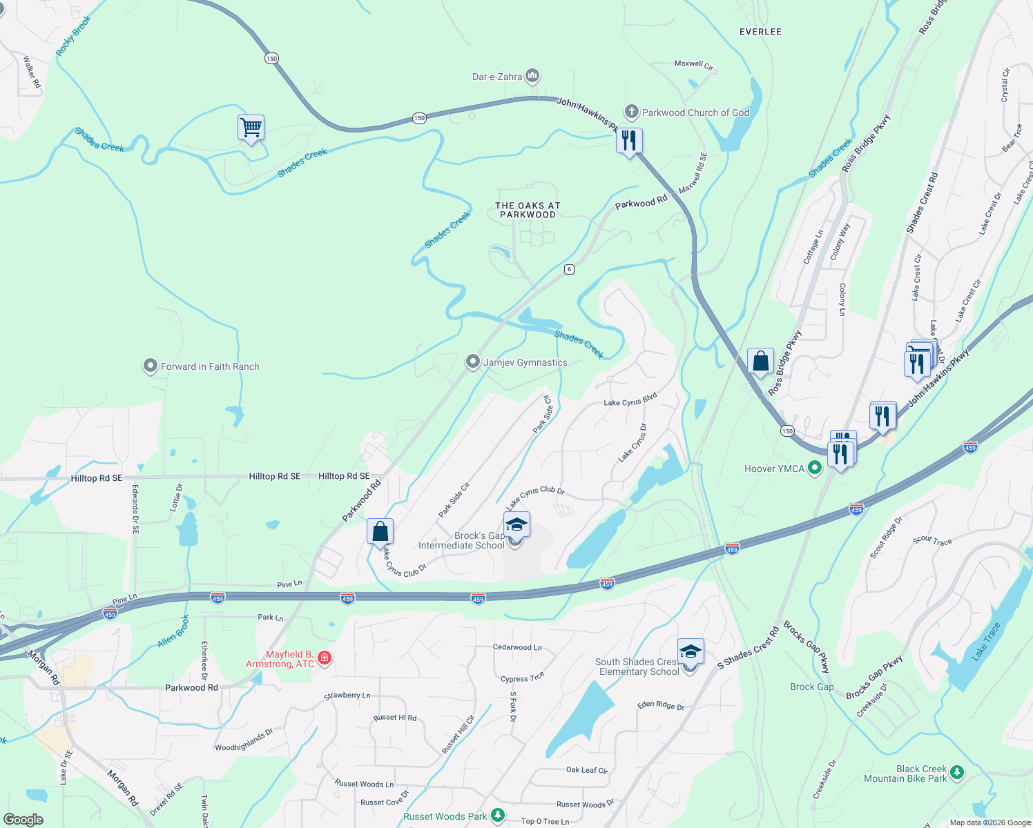 map of restaurants, bars, coffee shops, grocery stores, and more near 5294 Park Side Circle in Birmingham