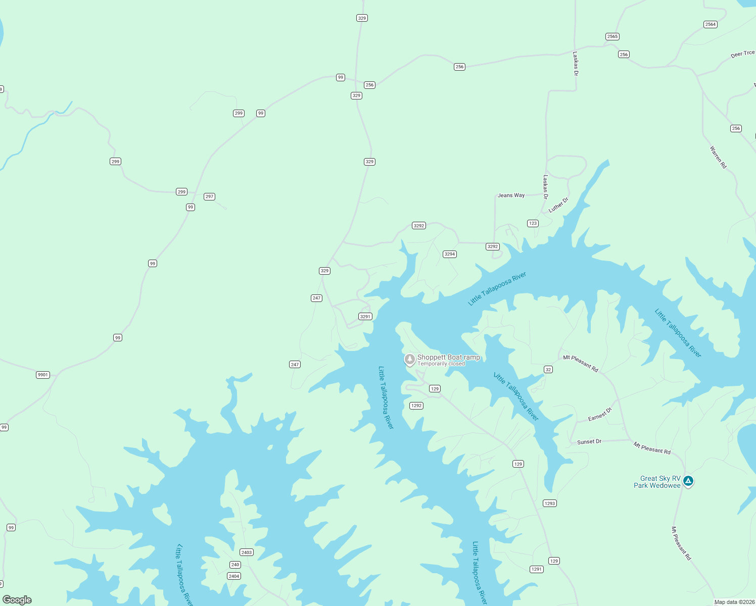map of restaurants, bars, coffee shops, grocery stores, and more near 302 County Road 3291 in Wedowee