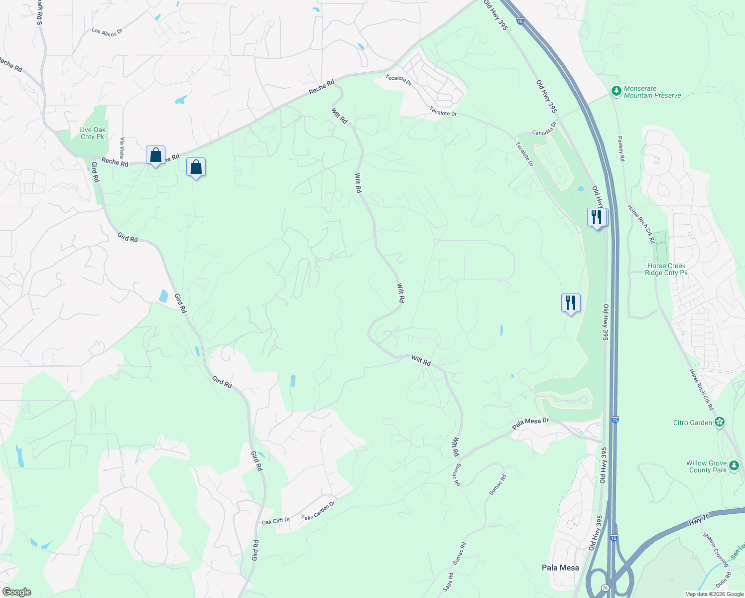 map of restaurants, bars, coffee shops, grocery stores, and more near 3655 Lupine Lane in Fallbrook