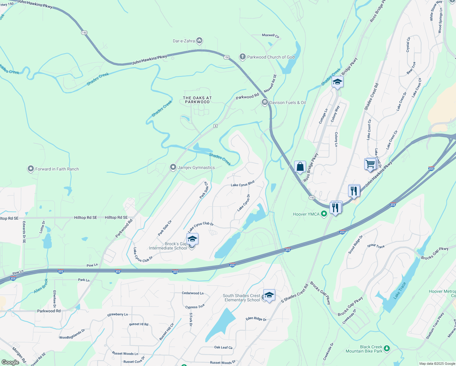 map of restaurants, bars, coffee shops, grocery stores, and more near 1547 Highland Gate Point in Hoover