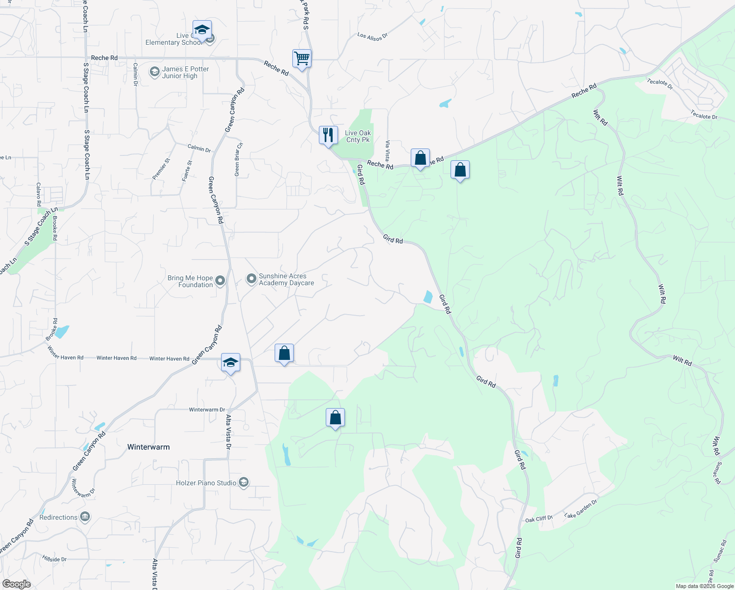 map of restaurants, bars, coffee shops, grocery stores, and more near 2720 Vía Del Robles in Fallbrook